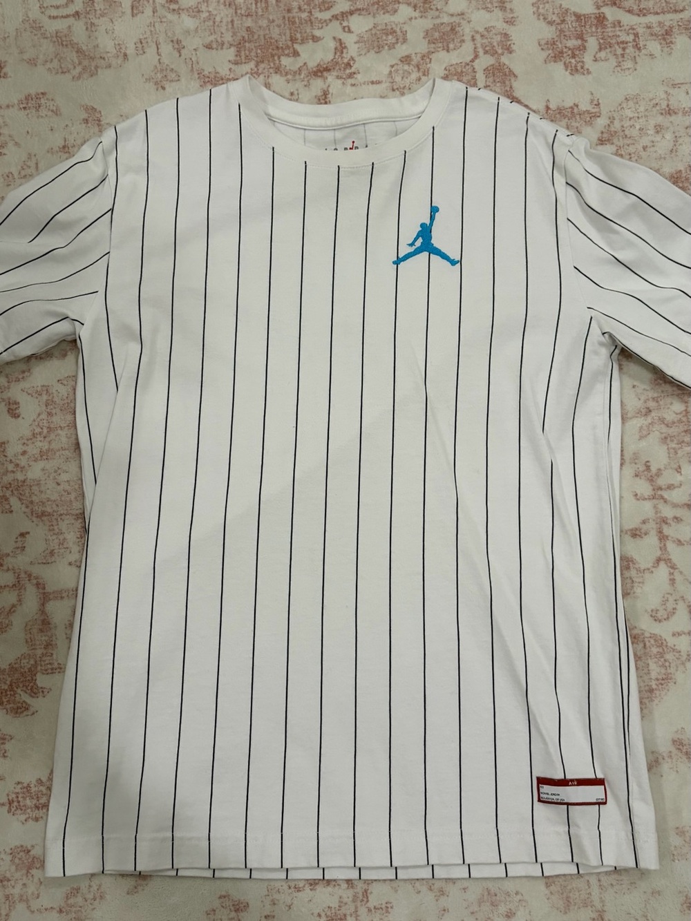 Jordan White Pinstripe Short-Sleeve Tee with Blue Jumpman